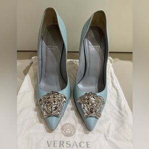 Versace Light Blue Heels with Silver Medusa Accent